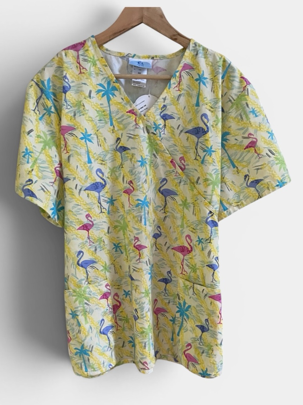 V-Neck Mock Wrap Retro Flamingo Scrubs Tropical Pink Yellow